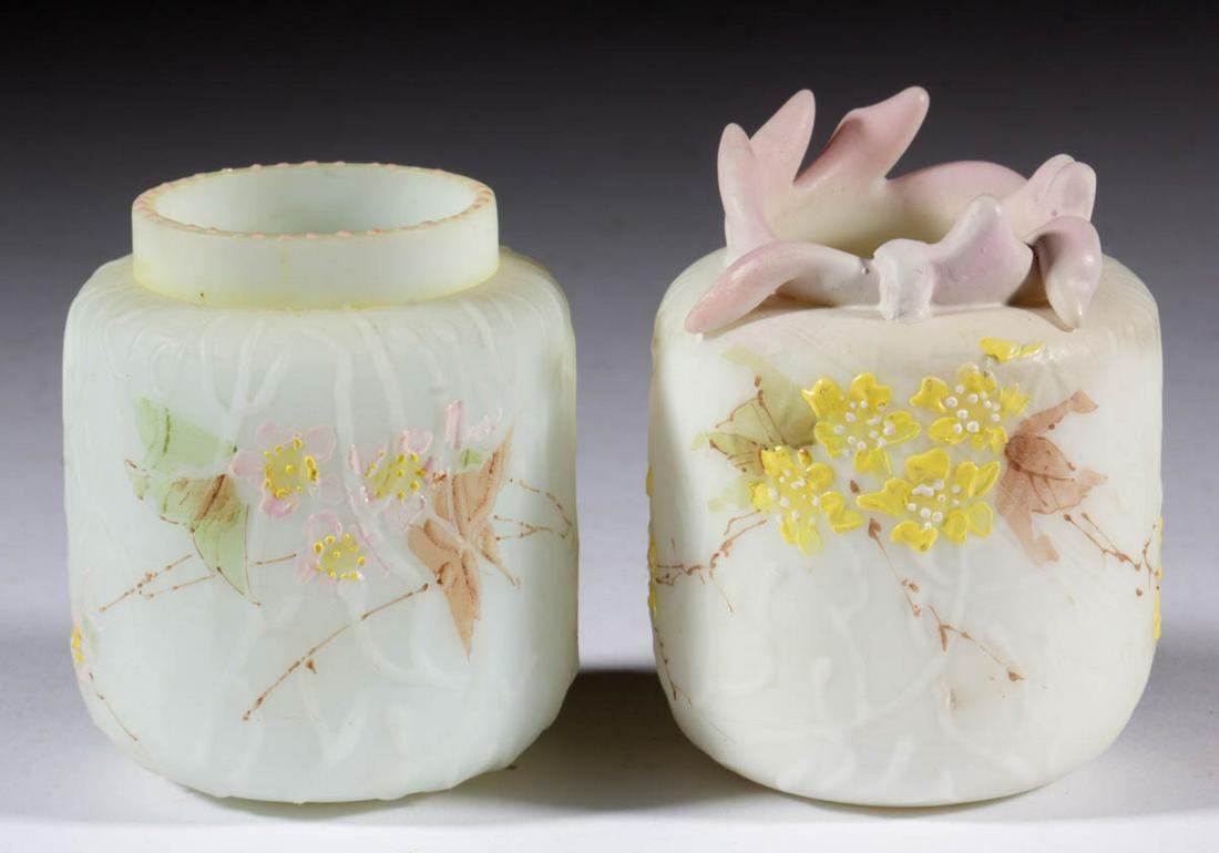 MT. WASHINGTON SPIDER WEB TOOTHPICK HOLDERS, LOT OF TWO: MT. WASHINGTON SPIDER WEB TOOTHPICK HOLDERS, LOT OF TWO, opaque white with polychrome-enamel decoration, each having floral decoration with one having applied/repaired tiny fingers to the top. Mt. Was