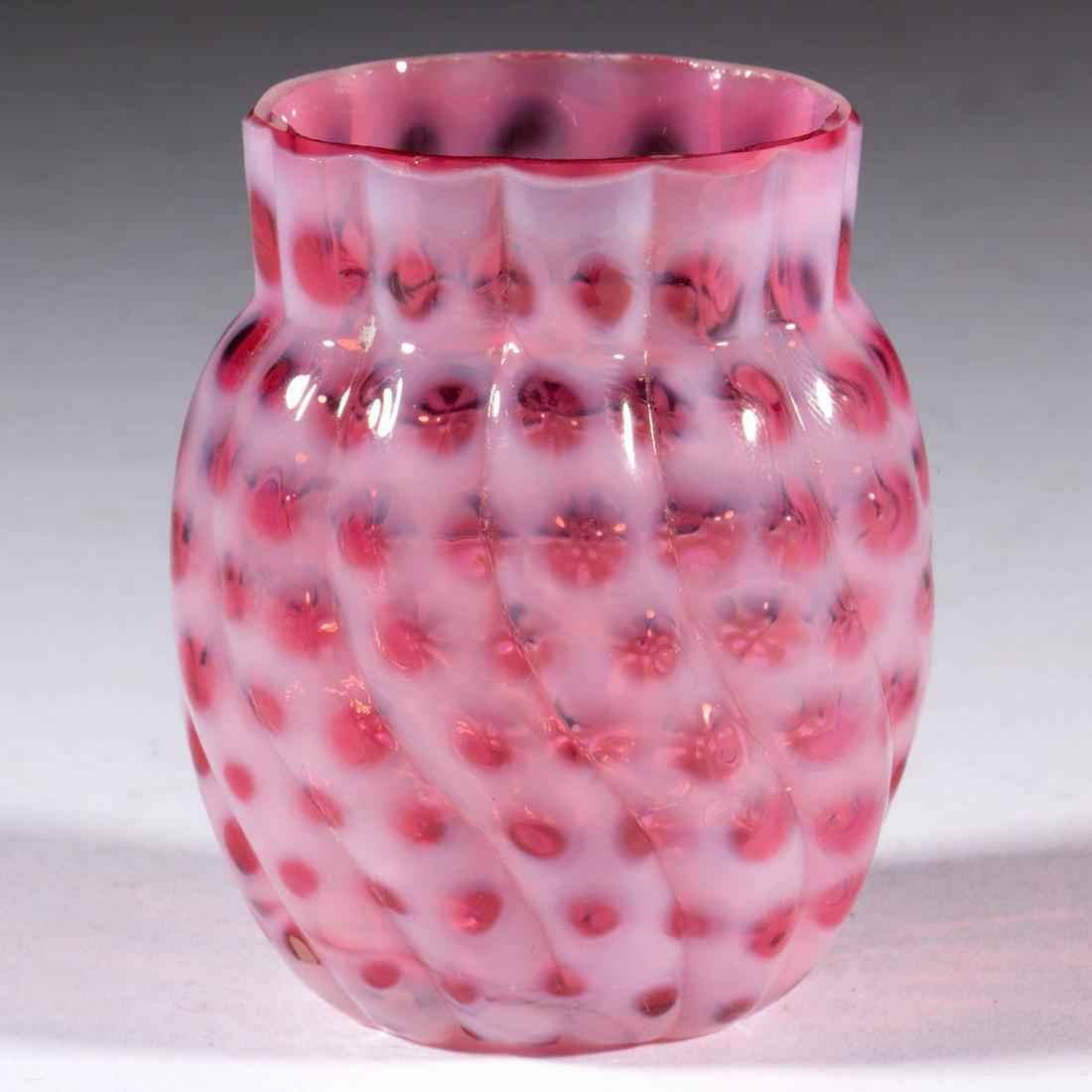 HOBBS NO. 326 / WINDOWS SWIRL TOOTHPICK HOLDER: HOBBS NO. 326 / WINDOWS SWIRL TOOTHPICK HOLDER, Ruby/cranberry opalescent, oval form, factory-polished rim. Hobbs, Brockunier & Co. Circa 1888. 2 5/8" H. Undamaged. Literature: Heacock/Elmore - Opales