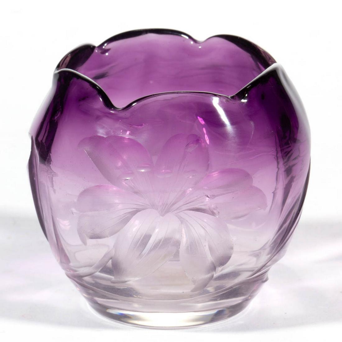 MOSER INTAGLIO CUT GLASS TOOTHPICK HOLDER: MOSER INTAGLIO CUT GLASS TOOTHPICK HOLDER, shaded amethyst, ovoid-form with a tooled rim and floral engraved decoration, polished pontil mark. Bohemia, now Czech Republic. First quarter 20th century. 