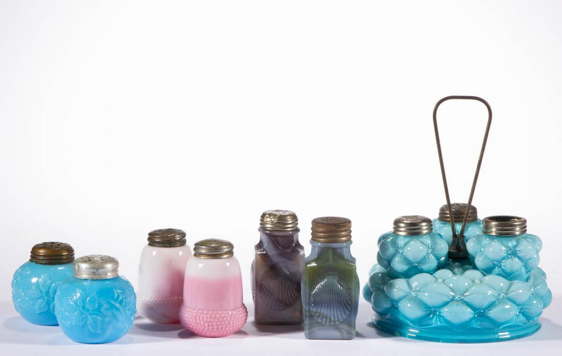 ASSORTED GLASS CONDIMENT ARTICLES, LOT OF SEVEN: ASSORTED GLASS CONDIMENT ARTICLES, LOT OF SEVEN, various colors, including an Acorn salt and pepper shaker, a pair of slag Challinor Seashell shakers, and a four-piece Quilt condiment set with a salt 