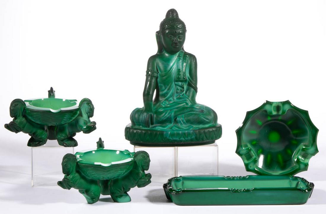 CZECH MALACHITE GLASS ARTICLES, LOT OF FIVE: CZECH MALACHITE GLASS ARTICLES, LOT OF FIVE, green agate, including a figural Buddha, two footed dishes with three rearing horses for legs/feet, and a rectangular dish. Czech Republic. 20th century. 1