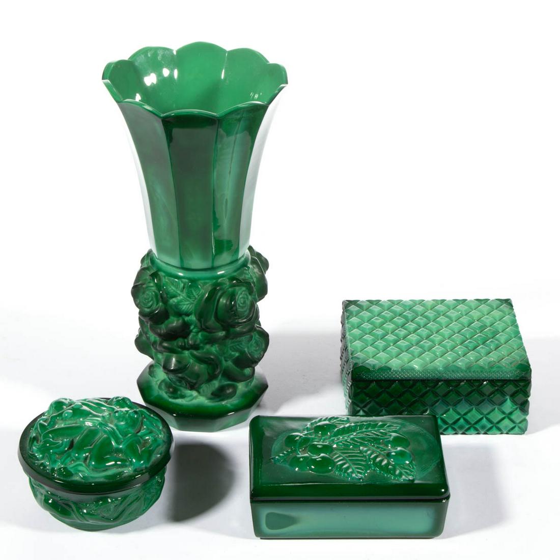 CZECH MALACHITE GLASS ARTICLES, LOT OF FOUR: CZECH MALACHITE GLASS ARTICLES, LOT OF FOUR, green agate, comprising a floral vase, an overall diamonds covered dish, a cherries covered dish, and a Classical nudes covered dish. Czech Republic. 20th