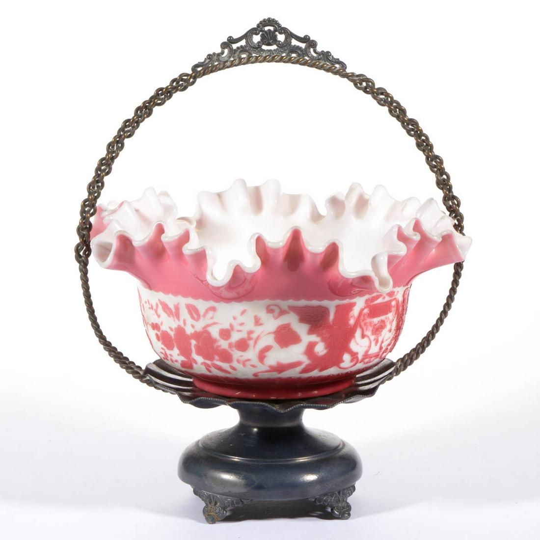 MT. WASHINGTON CAMEO ART GLASS BRIDE'S BOWL: MT. WASHINGTON CAMEO ART GLASS BRIDE'S BOWL, opaque pink to opaque white, circular-form with a ruffled rim, griffins and floral pattern, factory-ground base and pontil mark, fitted into a quadruple-pl