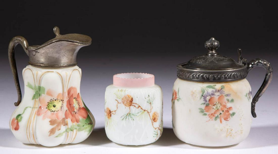 ASSORTED MT. WASHINGTON OPAQUE GLASS ARTICLES, LOT OF: ASSORTED MT. WASHINGTON OPAQUE GLASS ARTICLES, LOT OF THREE, opaque white with polychrome-enamel decoration, comprising a Spider Web toothpick holder, a Crown Milano creamer, and a Crown Milano mustar