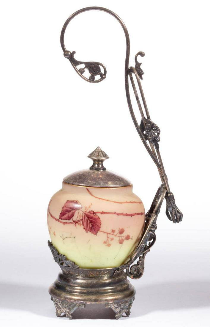 WEBB ATTRIBUTED DECORATED BURMESE PICKLE CASTER: WEBB ATTRIBUTED DECORATED BURMESE PICKLE CASTER, plush with polychrome-enamel decoration, urn-form insert fitted in a quadruple-plated stand marked for J. A. Babcock & Co. and numbered "160", includin