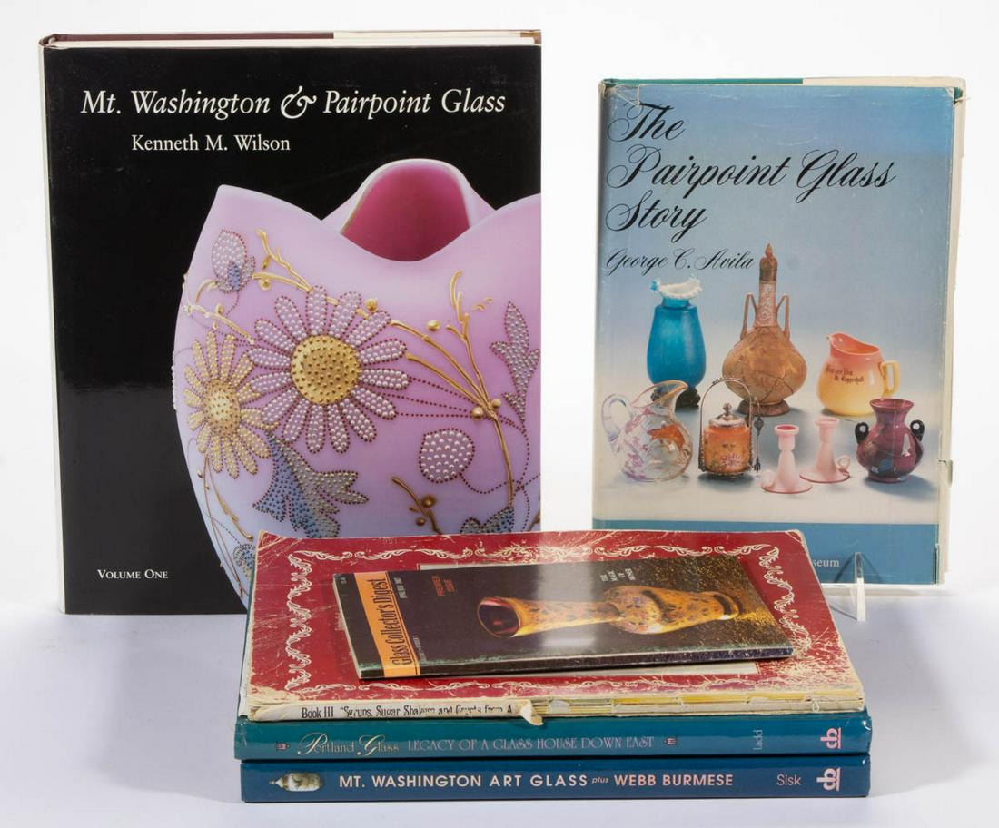 ASSORTED GLASS REFERENCE VOLUMES, LOT OF SIX: ASSORTED GLASS REFERENCE VOLUMES, LOT OF SIX, including a Wilson, "Mt. Washington & Pairpoint Glass" Vol. 1; Sisk, "Mt. Washington Art Glass"; and Avila, "The Pairpoint Glass Story". Hard and soft cov