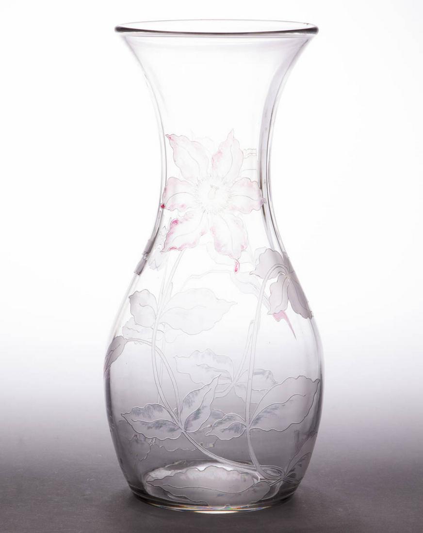 DORFLINGER ATTRIBUTED TINTED FLORIDA-LINE ACID-ETCHED: DORFLINGER ATTRIBUTED TINTED FLORIDA-LINE ACID-ETCHED ART GLASS VASE, colorless with maiden's blush and apricot-stained decoration, baluster form, floral design, polished pontil mark, unsigned. C. Dor