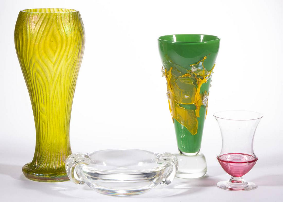 ASSORTED ART GLASS ARTICLES, LOT OF FOUR: ASSORTED ART GLASS ARTICLES, LOT OF FOUR, various colors, including an unsigned abstract conical vase with applied decoration, a signed Steuben goblet with Gold Ruby threading, and a Kralik iridescent