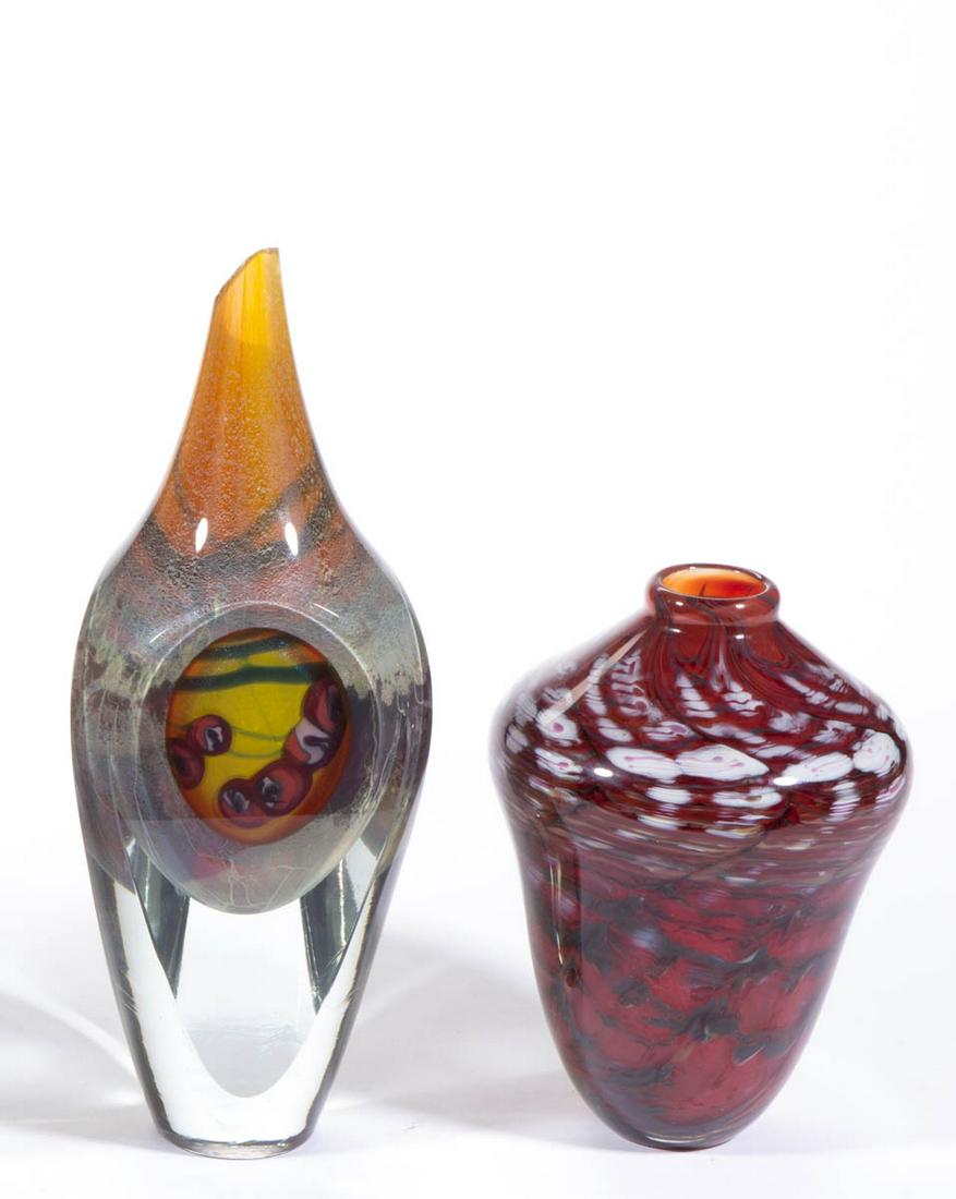 ASSORTED STUDIO ART GLASS ARTICLES, LOT OF TWO: ASSORTED STUDIO ART GLASS ARTICLES, LOT OF TWO, comprising a John Kuhn interior orb vase with a polychrome orb having a yellow and orange ground with blue swirls, and a signed E. R. Holt polychrome mo