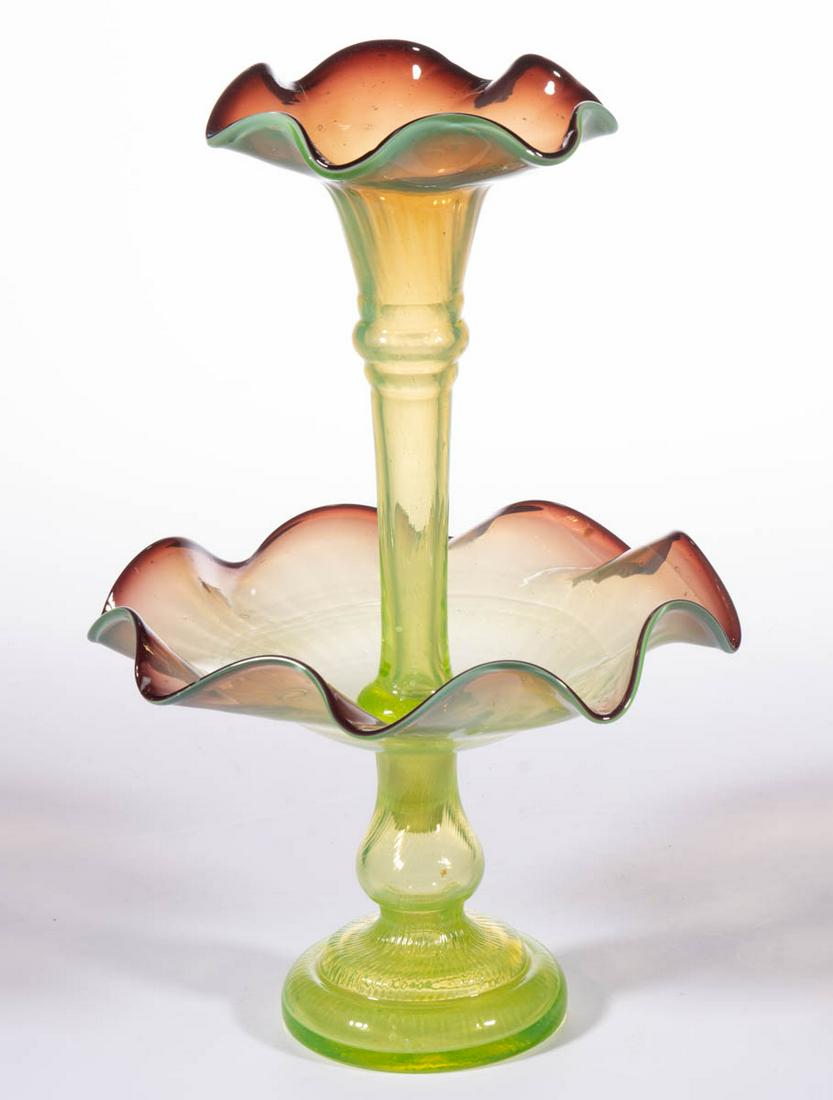 VICTORIAN OPALESCENT GLASS EPERGNE: VICTORIAN OPALESCENT GLASS EPERGNE, Vaseline (reacts under black light) and amethyst opalescent, Panel-Optic vase and matching base. Maker unverified. Late 19th/early 20th century. 11 3/4" HOA, 7 3/4"
