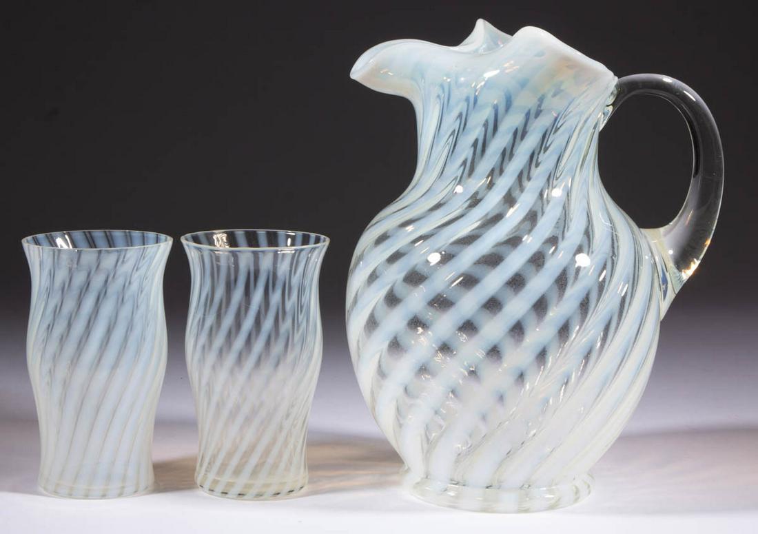 FENTON NO. 1653 THREE-PIECE ICE TEA SET: FENTON NO. 1653 THREE-PIECE ICE TEA SET, colorless opalescent, comprising a pitcher with triangular crimped rim and two iced tea glasses. Fenton Art Glass Co. Second quarter 20th century. Pitcher: 9 3