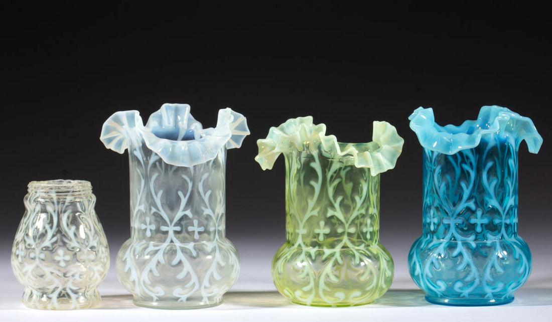 OPALINE BROCADE / SPANISH LACE ARTICLES, LOT OF FOUR: OPALINE BROCADE / SPANISH LACE ARTICLES, LOT OF FOUR, colorless opalescent, blue opalescent, and Vaseline (reacts under black light) opalescent, comprising three vases and a sugar shaker lacking a lid
