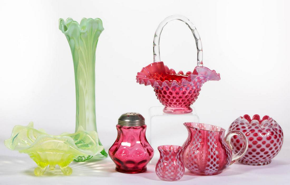 ASSORTED OPALESCENT GLASS ARTICLES, LOT OF SIX: ASSORTED OPALESCENT GLASS ARTICLES, LOT OF SIX, cranberry opalescent, green opalescent, and Vaseline (reacts under black light) opalescent, including a Criss-Cross creamer and toothpick holder, a Wind