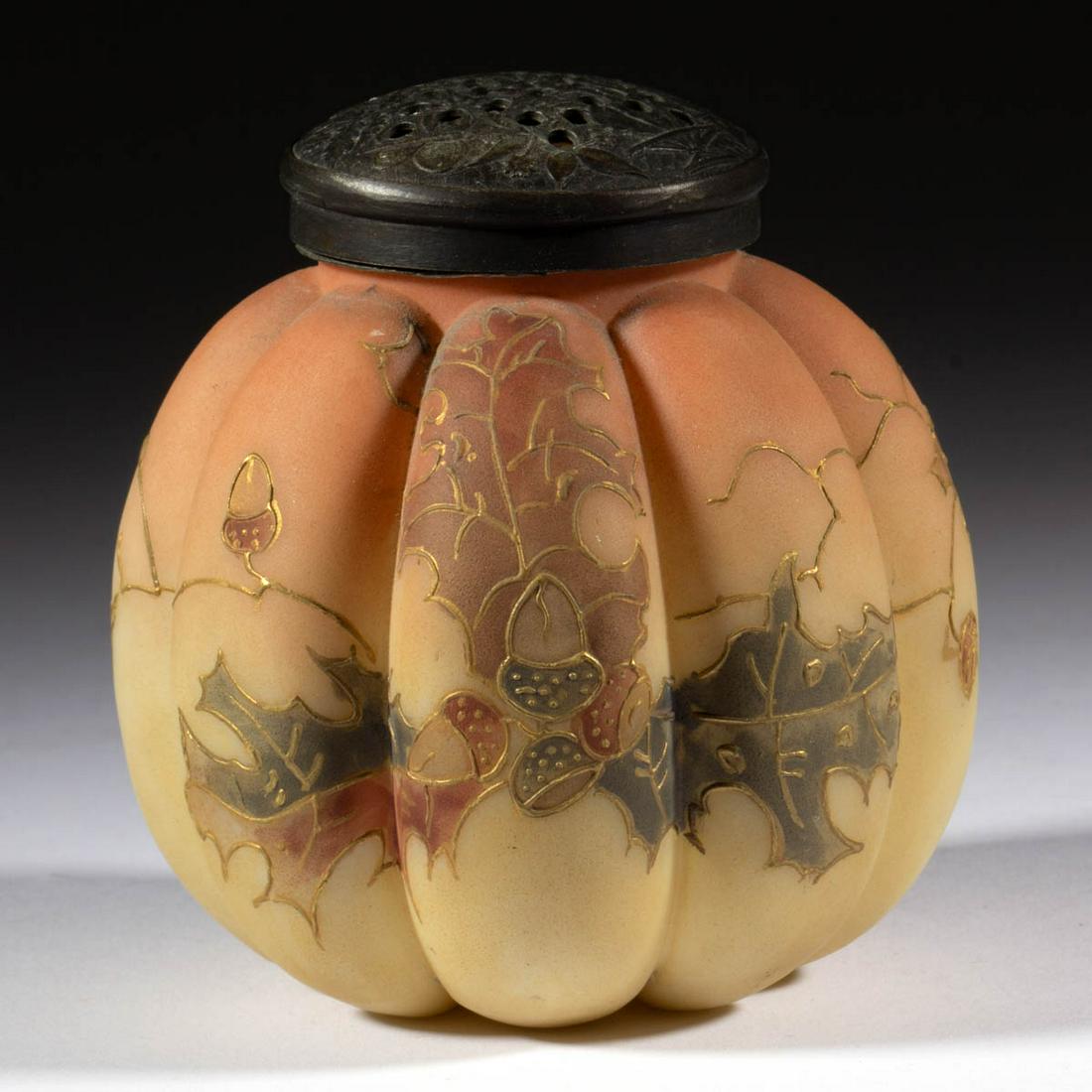 MT. WASHINGTON CROWN MILANO SUGAR SHAKER: MT. WASHINGTON CROWN MILANO SUGAR SHAKER, opaque white with fired on Burmese ground with polychrome-enamel decoration, eight-lobed body with oak leaf and acorn decoration, period silver-plated two-pie