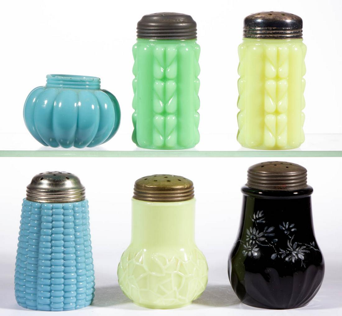 ASSORTED OPAQUE GLASS SUGAR SHAKERS, LOT OF SIX: ASSORTED OPAQUE GLASS SUGAR SHAKERS, LOT OF SIX, various opaque colors, including an Alba, a Corn, and two Panelled Teardrop, five having a period lid and one lacking a lid. Various makers. Fourth qua