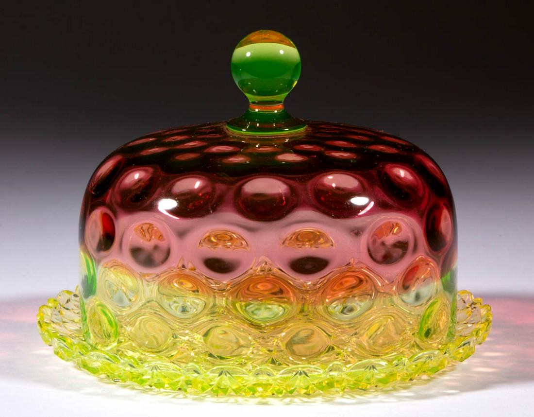 HOBBS NO. 319 / POLKA DOT COVERED CHEESE DISH: HOBBS NO. 319 / POLKA DOT COVERED CHEESE DISH, rubina verde (reacts under black light), pressed Daisy and Button underplate. Hobbs, Brockunier & Co. Pattern introduced in 1884. 5" HOA. Plate: 6 7/8" D