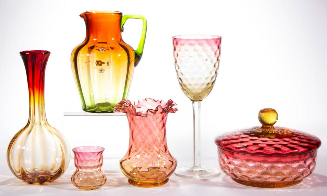ASSORTED AMBERINA GLASS ARTICLES, LOT OF FIVE: ASSORTED AMBERINA GLASS ARTICLES, LOT OF FIVE, comprising a covered dish, a goblet, a bud vase, a Diamond-Optic vase, and a toothpick holder. Together with a ruby shaded green Panel-Optic pitcher havi