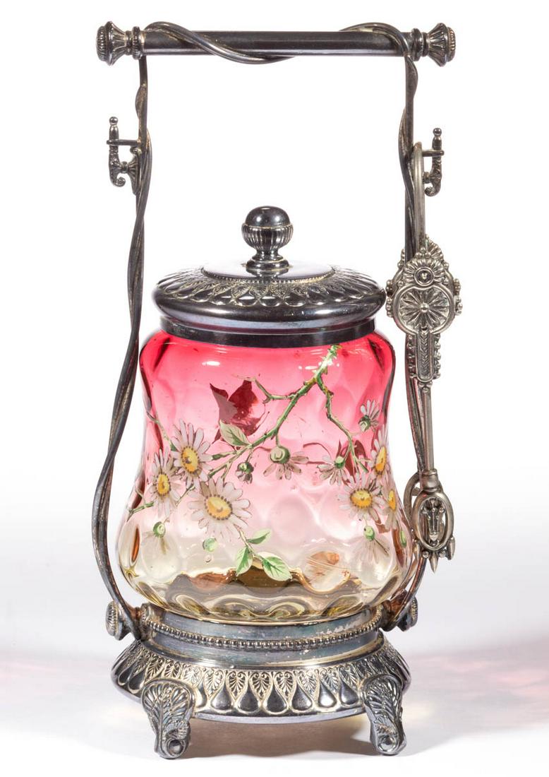 VICTORIAN SPOT-OPTIC AND ENAMEL-DECORATED PICKLE CASTER: VICTORIAN SPOT-OPTIC AND ENAMEL-DECORATED PICKLE CASTER, amberina, waisted for insert with decoration depicting a flowering thorny branch and a butterfly to the reverse, fitted into a quadruple-plated