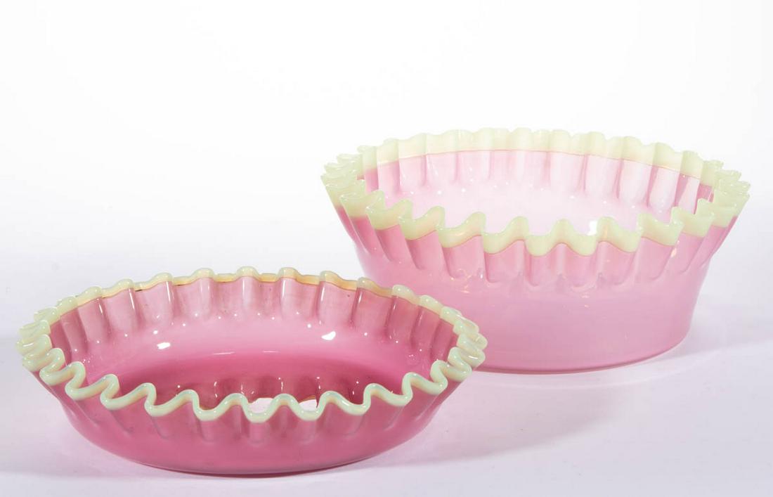 HOBBS NO. 205 BOWL AND UNDERPLATE: HOBBS NO. 205 BOWL AND UNDERPLATE, Pink Richelieu with Lemon Yellow rims, each having a crimped rim and polished pontil mark. Hobbs, Brockunier & Co. Circa 1886. Bowl: 3 7/8" to 9 3/4" DOA. Plate: 2 1