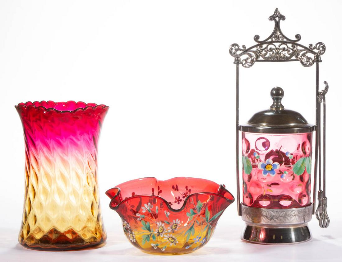 ASSORTED VICTORIAN OPTIC GLASS ARTICLES, LOT OF THREE: ASSORTED VICTORIAN OPTIC GLASS ARTICLES, LOT OF THREE, comprising an amberina square Diamond-Optic celery vase, an amberina Panel-Optic finger bowl with polychrome-enamel decoration, and a cranberry S