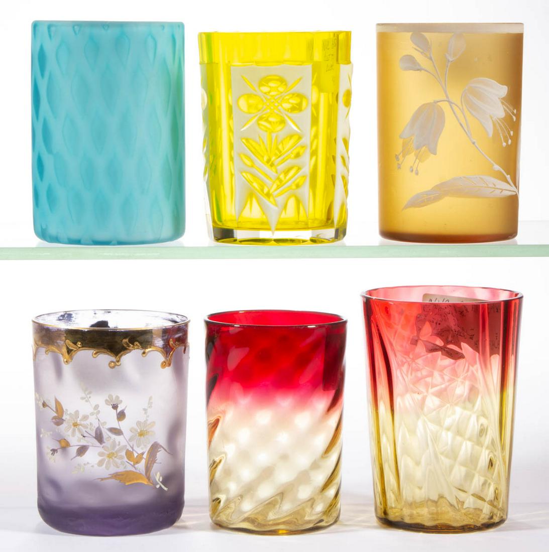 ASSORTED BLOWN GLASS TUMBLERS, LOT OF SIX: ASSORTED BLOWN GLASS TUMBLERS, LOT OF SIX, various colors, including an amberina Swirl, an amberina example with an Optic pattern, a blue Diamond-Quilt Mother-of-Pearl, and an amber Pseudo-cameo examp