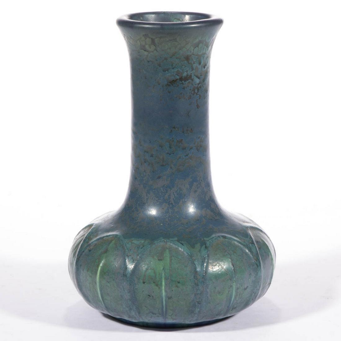 HAMPSHIRE ART POTTERY VASE: HAMPSHIRE ART POTTERY VASE, low bulbous body with elongated, slightly flaring neck featuring beautiful peacock blue matte glaze. Marks include impressed "Hampshire / Pottery" with embossed "124" and e