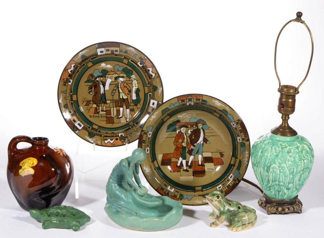AMERICAN ART POTTERY ARTICLES, LOT OF SEVEN: AMERICAN ART POTTERY ARTICLES, LOT OF SEVEN, including two signed Buffalo Pottery "Deldare Ware" examples including a bowl with "Ye Village Street" and a plate featuring "Ye Town Crier", two flower fr