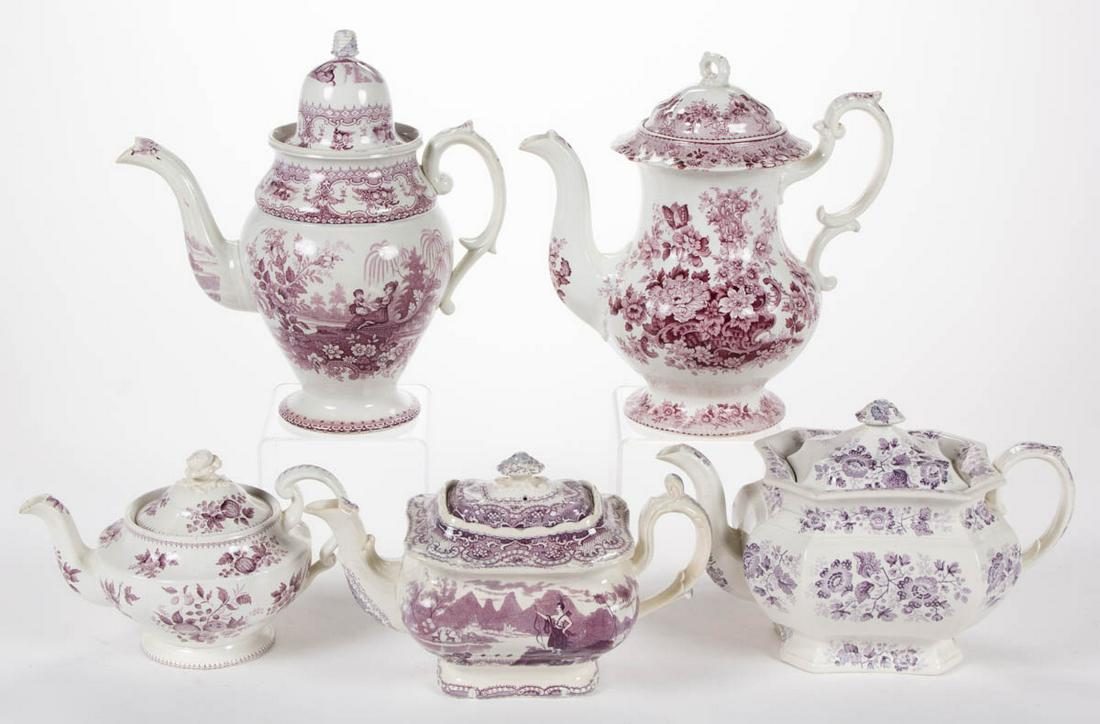 ENGLISH STAFFORDSHIRE TRANSFER-PRINTED CERAMIC TEA AND: ENGLISH STAFFORDSHIRE TRANSFER-PRINTED CERAMIC TEA AND COFFEE POTS, LOT OF FIVE, each having mulberry/purple transfer patterns, comprising two coffee pots including one having "Tuscan Rose" floral mot