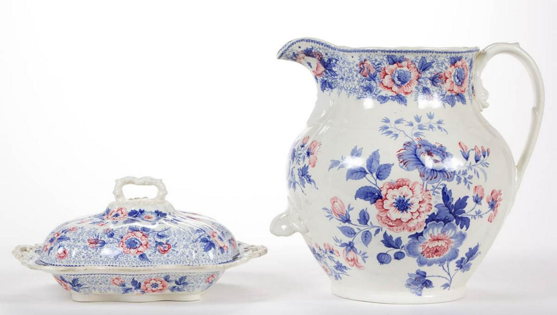 ENGLISH STAFFORDSHIRE BICOLOR TRANSFER-PRINTED: ENGLISH STAFFORDSHIRE BICOLOR TRANSFER-PRINTED "KALEIDOSCOPE" ARTICLES, LOT OF TWO, each having blue and red/pink floral transfer decorations, comprising an open-handled covered vegetable dish and a l