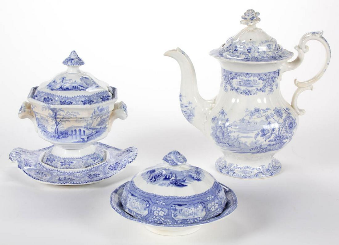 ENGLISH STAFFORDSHIRE TRANSFER-PRINTED CERAMIC TABLE: ENGLISH STAFFORDSHIRE TRANSFER-PRINTED CERAMIC TABLE AND COFFEE ARTICLES, LOT OF FOUR, each having blue transfer images, comprising a covered butter dish with insert featuring "FLORENTINE" pattern dep
