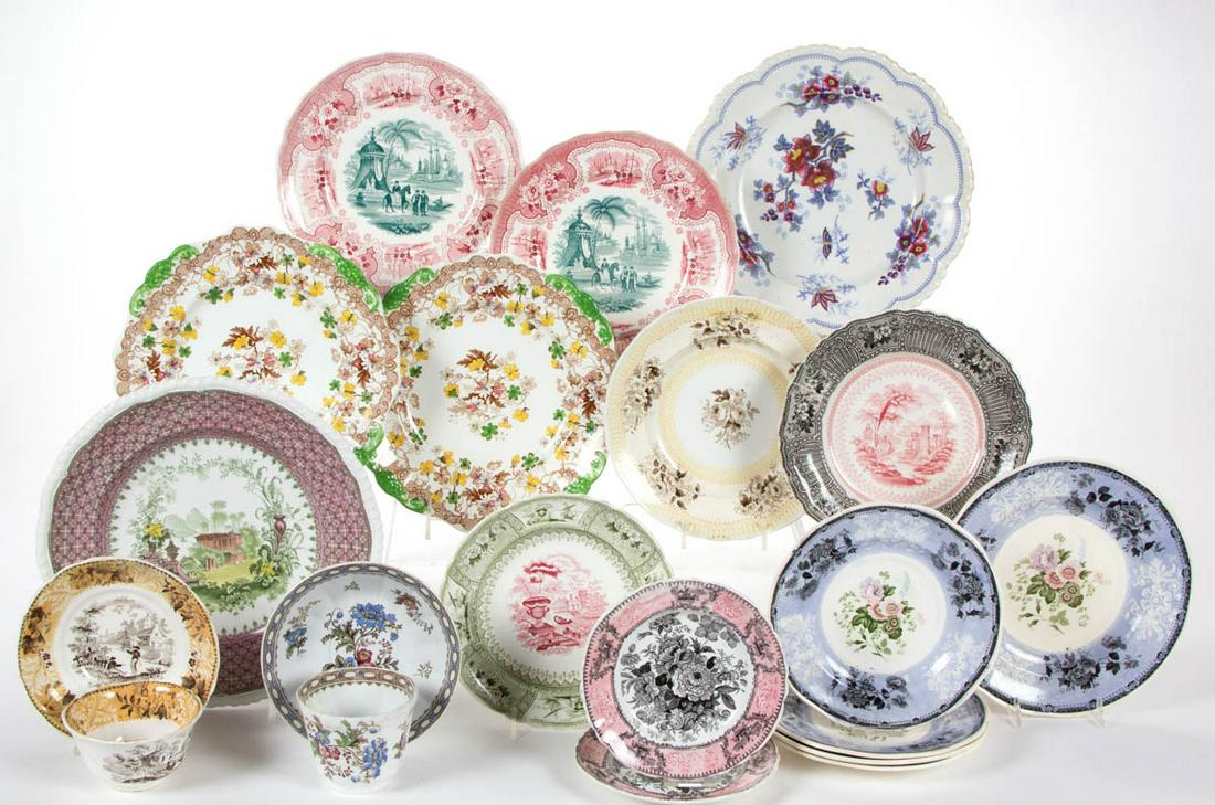 ENGLISH STAFFORDSHIRE TRANSFER-PRINTED MULTI-COLOR: ENGLISH STAFFORDSHIRE TRANSFER-PRINTED MULTI-COLOR CERAMIC TABLE AND TEA ARTICLES, LOT OF 19, comprising fifteen plates including four having matching floral motif with blue border, two having "Palest