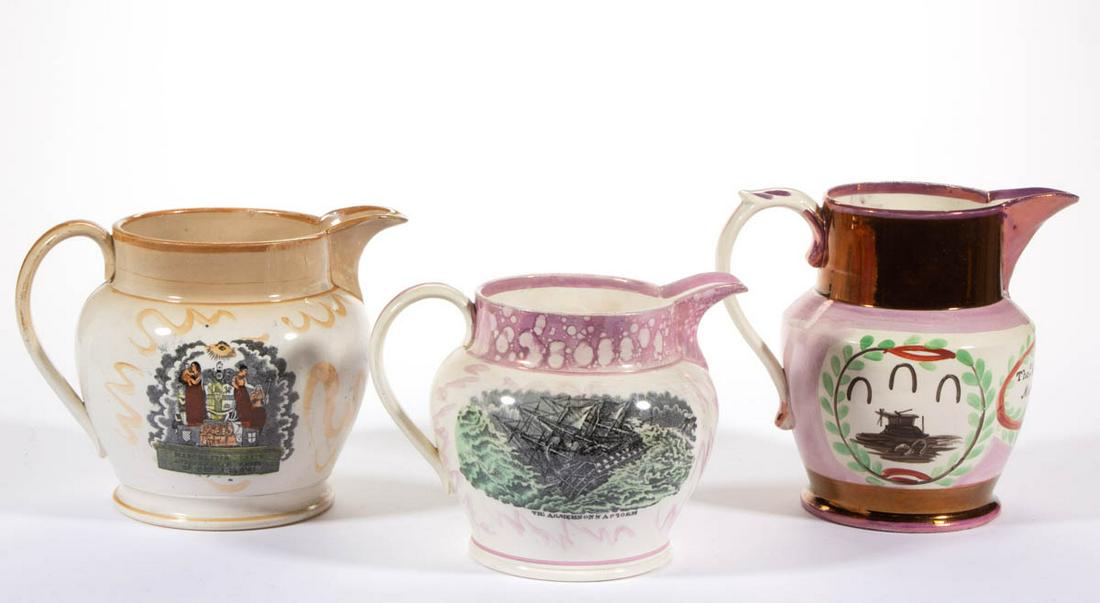 ENGLISH PINK LUSTRE CERAMIC JUGS / PITCHERS, LOT OF: ENGLISH PINK LUSTRE CERAMIC JUGS / PITCHERS, LOT OF THREE, comprising two Sunderland examples including one with Sunderland bridge and one with "MANCHESTER UNITY / INDEPENDENT ORDER / OF ODD FELLOWS",