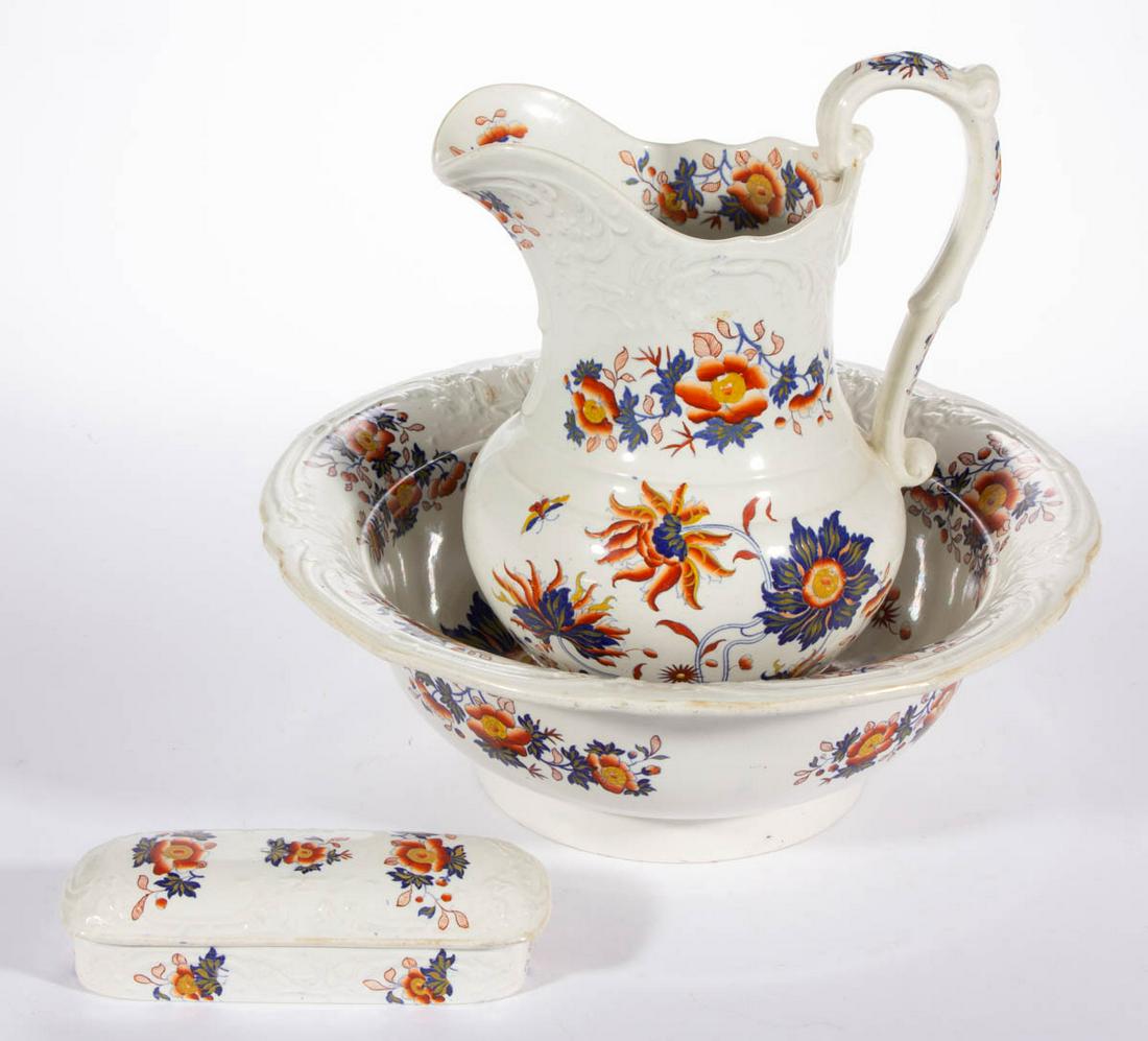 ENGLISH MINTON "NO. 53" GAUDY FLORAL MOTIF IRONSTONE: ENGLISH MINTON "NO. 53" GAUDY FLORAL MOTIF IRONSTONE CHAMBER / WASH ARTICLES, LOT OF THREE, comprising a razor/toiletry box and a pitcher and basin set, each featuring matching blue transfer floral de