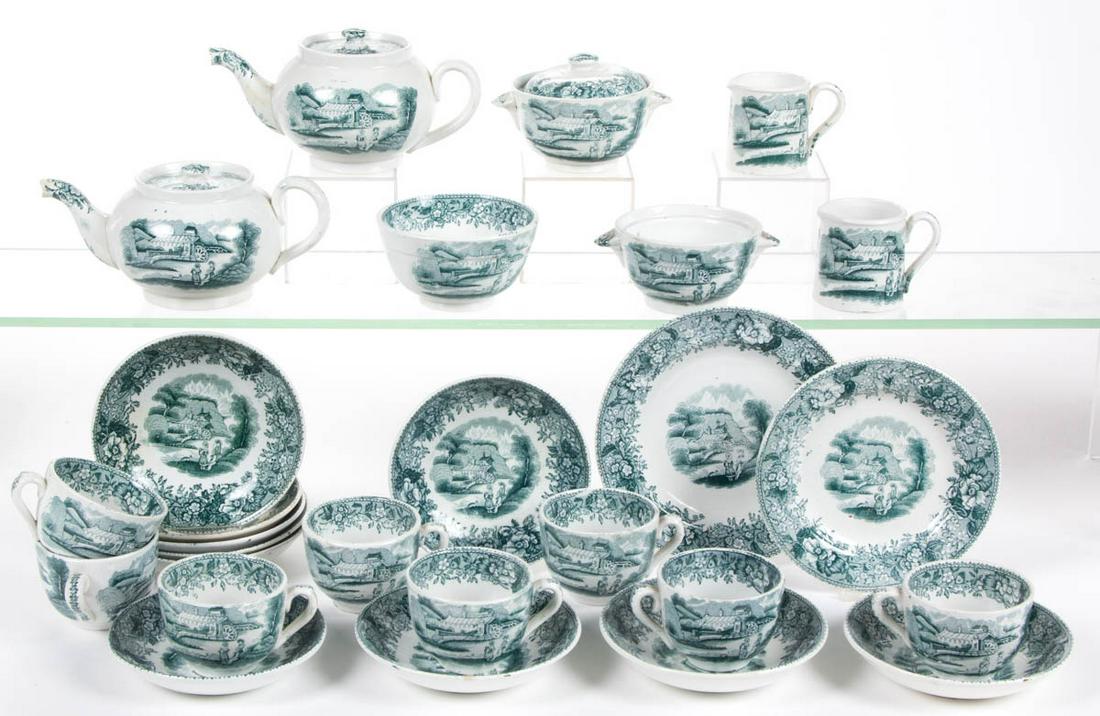 SCOTTISH TRANSFER-PRINTED "IMPERIAL" CERAMIC CHILDREN'S: SCOTTISH TRANSFER-PRINTED "IMPERIAL" CERAMIC CHILDREN'S TOY TEA ARTICLES, LOT OF 28, comprising two teapots, two creamers, two sugar bowls, one lacking cover, one waste bowl, ten saucers, one 5 3/4" D