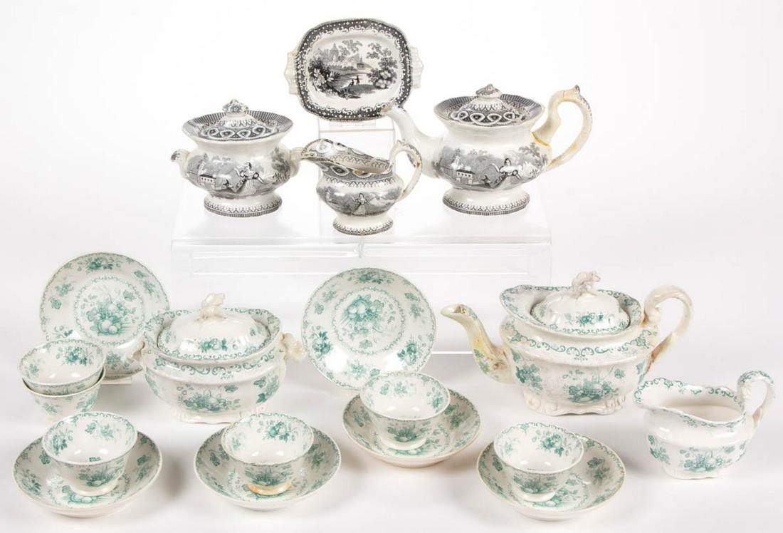 ENGLISH STAFFORDSHIRE TRANSFER-PRINTED CERAMIC: ENGLISH STAFFORDSHIRE TRANSFER-PRINTED CERAMIC CHILDREN'S TOY TEA AND TABLE ARTICLES, LOT OF 19, comprising a 15-piece set having green transfer "FRUIT / BASKET" pattern, as printed to underside, incl