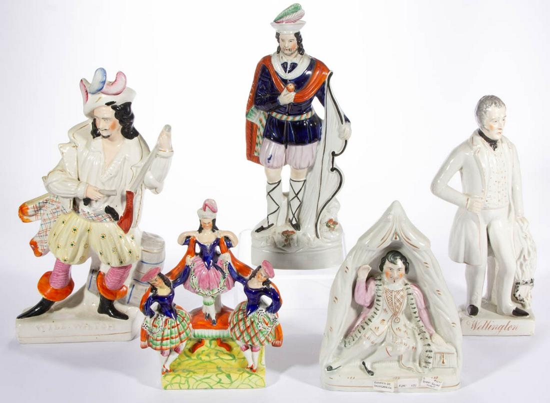 ENGLISH STAFFORDSHIRE HAND-PAINTED CERAMIC FIGURES, LOT: ENGLISH STAFFORDSHIRE HAND-PAINTED CERAMIC FIGURES, LOT OF FIVE, each having polychrome enamel decorations, comprising one featuring three brightly dressed Scottish dancers with long scarf, one depict