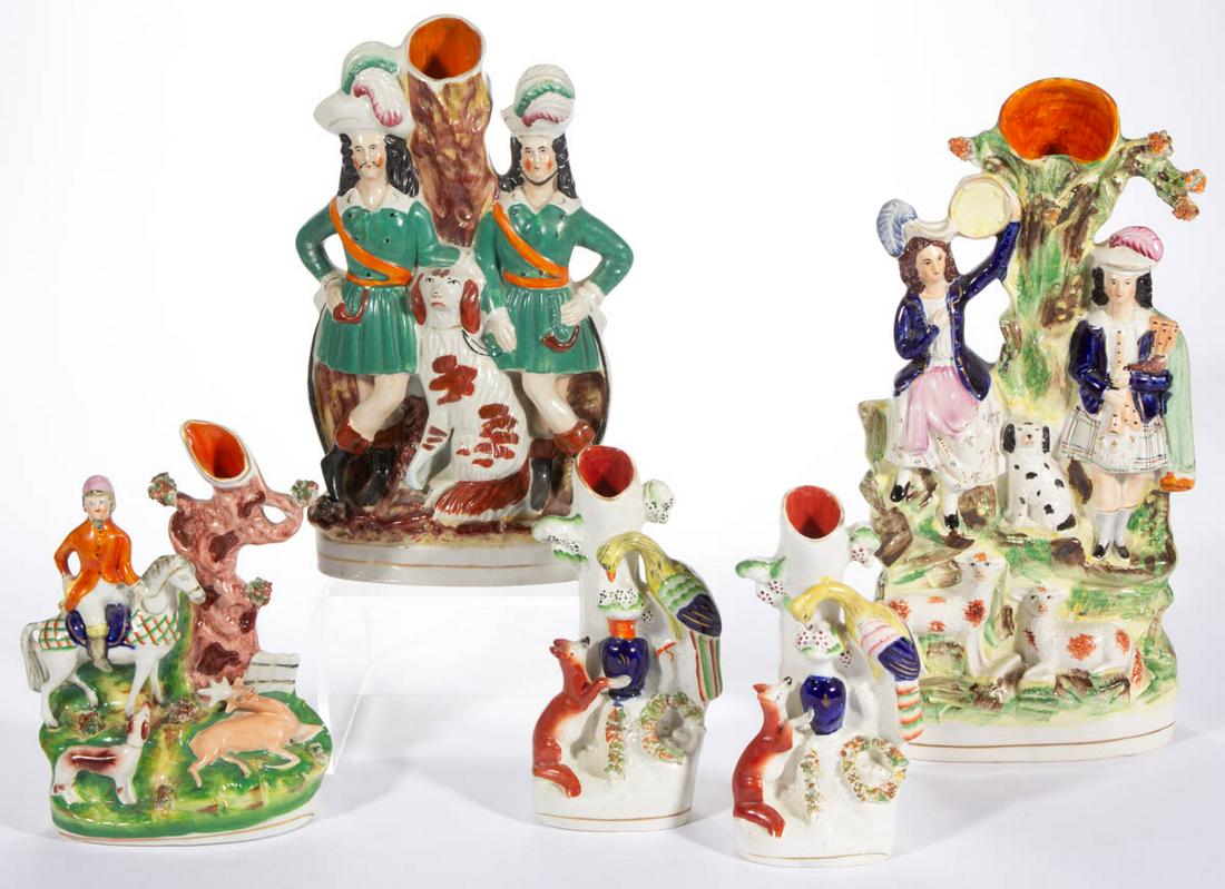ENGLISH STAFFORDSHIRE HAND-PAINTED CERAMIC FIGURAL: ENGLISH STAFFORDSHIRE HAND-PAINTED CERAMIC FIGURAL SPILL VASES, LOT OF FIVE, comprising a pair depicting a sitting fox with exotic bird perched above with nest and eggs, one featuring two bow hunters