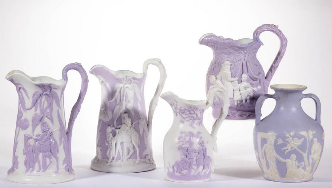 ENGLISH SAMUEL ALCOCK PARIAN SMEAR GLAZE LAVENDER: ENGLISH SAMUEL ALCOCK PARIAN SMEAR GLAZE LAVENDER CERAMIC JUGS / PITCHERS, LOT OF FOUR, each with molded handles, comprising one "Love and War" example with applied relief lavender images featuring fi