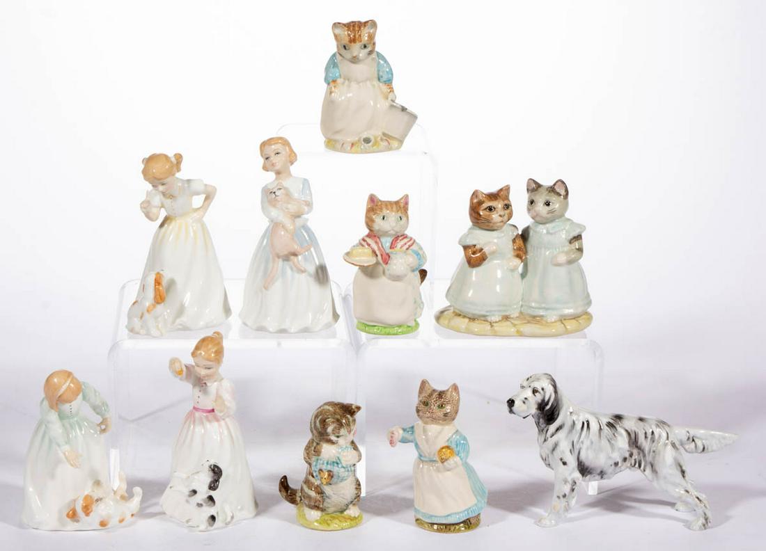 ENGLISH HAND-PAINTED ANIMAL MOTIF PORCELAIN FIGURES,: ENGLISH HAND-PAINTED ANIMAL MOTIF PORCELAIN FIGURES, LOT OF TEN, comprising five Royal Albert Beatrix Potter anthropomorphic cat examples including "Tabitha Twitchit", "Mrs Ribby", "Miss Moppet", "Mit