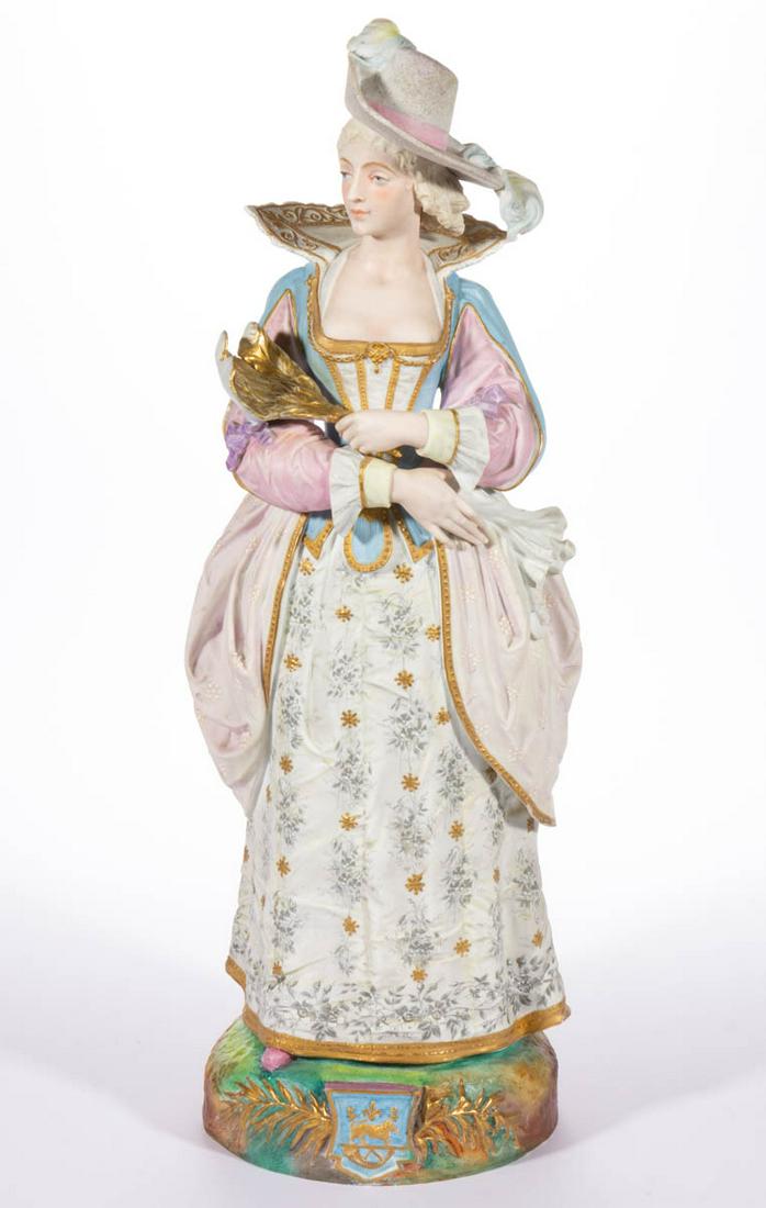 FRENCH SIGNED PAUL DUBOY BISQUE PORCELAIN LARGE WOMAN: FRENCH SIGNED PAUL DUBOY BISQUE PORCELAIN LARGE WOMAN FIGURE, standing on circular base with lion crest to front, wearing a hat and low cut Elizabethan-style dress with high collar and holding a feath