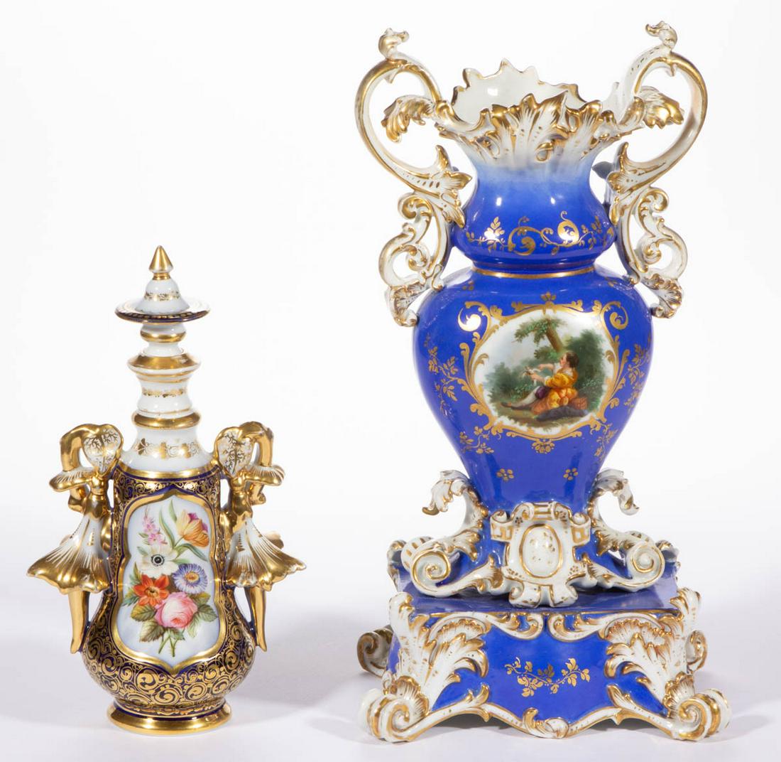 FRENCH OLD PARIS HAND-PAINTED PORCELAIN ARTICLES, LOT: FRENCH OLD PARIS HAND-PAINTED PORCELAIN ARTICLES, LOT OF TWO, each with elaborate gilt accents, comprising a Jacob Petit bolted vase featuring central polychrome hand-painted image of a reclining figu