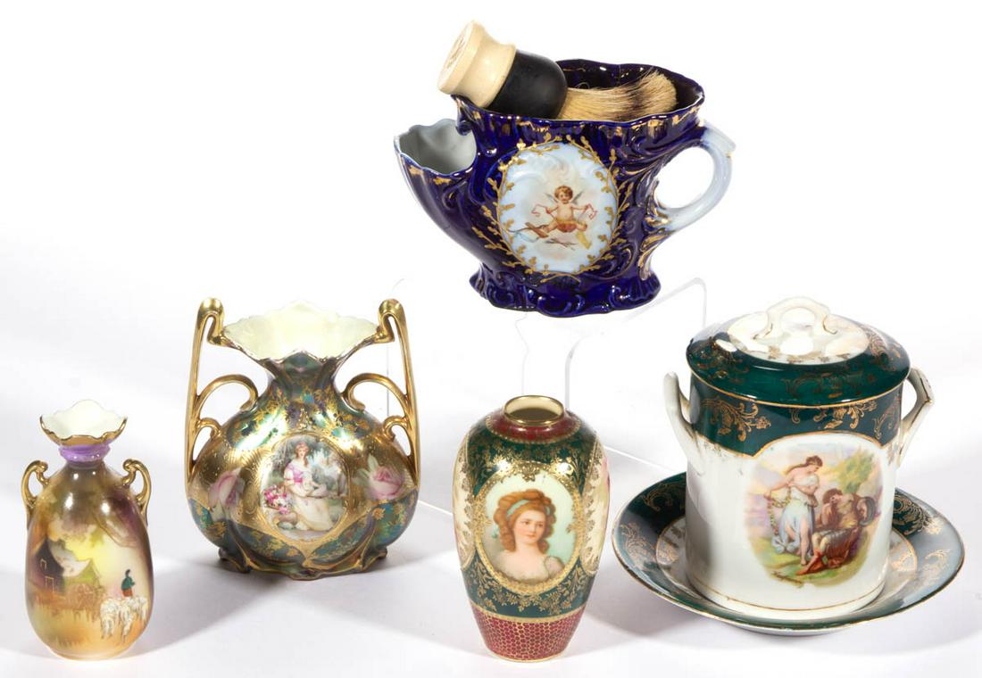 GERMAN / AUSTRIAN PORCELAIN ARTICLES, LOT OF FIVE: GERMAN / AUSTRIAN PORCELAIN ARTICLES, LOT OF FIVE, each having figure transfer decorations, comprising three cabinet vases including one Mold 910 featuring Countess Potocka portrait, one with sheepher