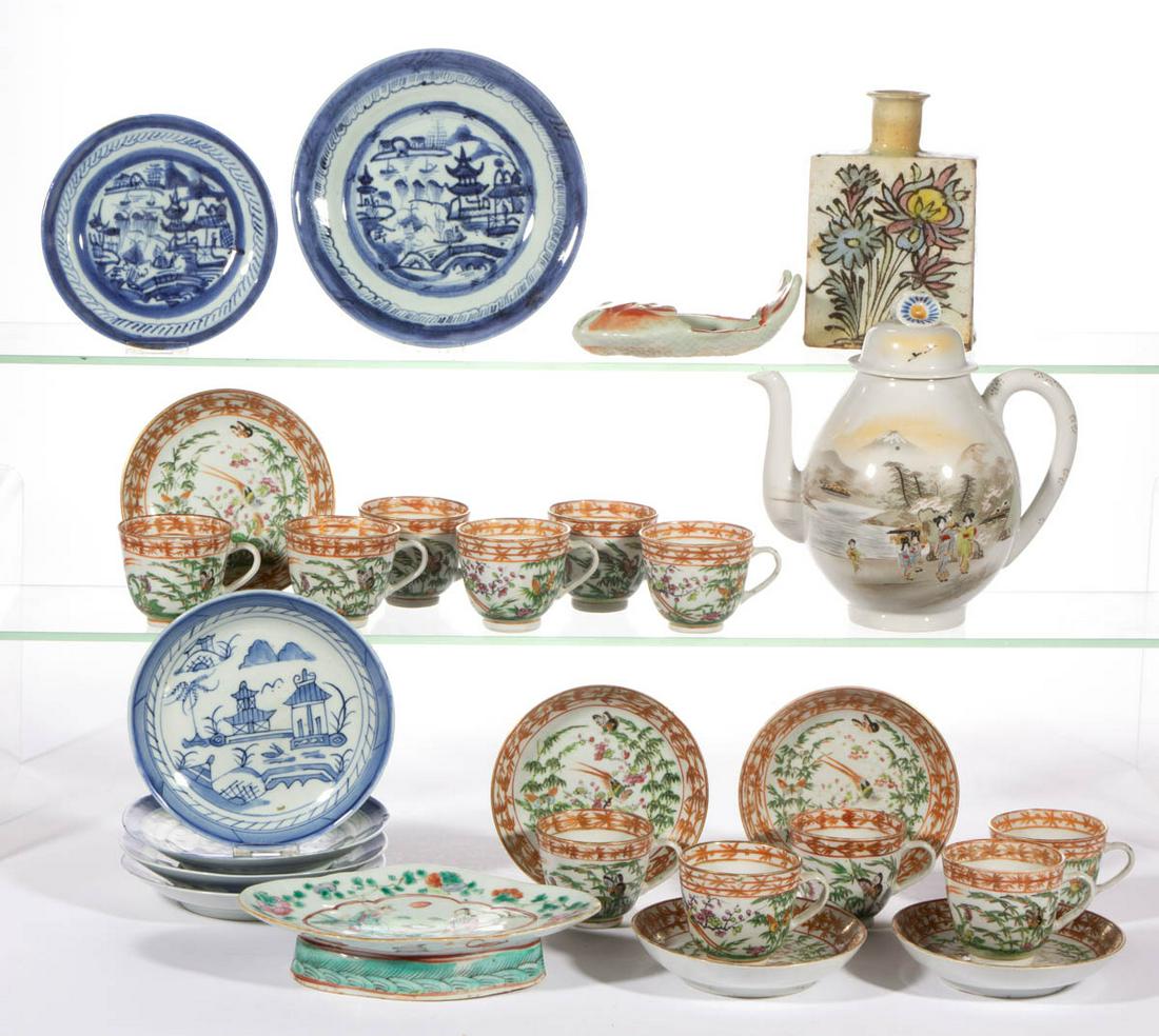 ASIAN HAND-PAINTED CERAMIC TEA AND TABLE ARTICLES, LOT: ASIAN HAND-PAINTED CERAMIC TEA AND TABLE ARTICLES, LOT OF 26, including a Japanese teapot featuring women and children wearing traditional dress in landscape with pinched double flower finial, having 