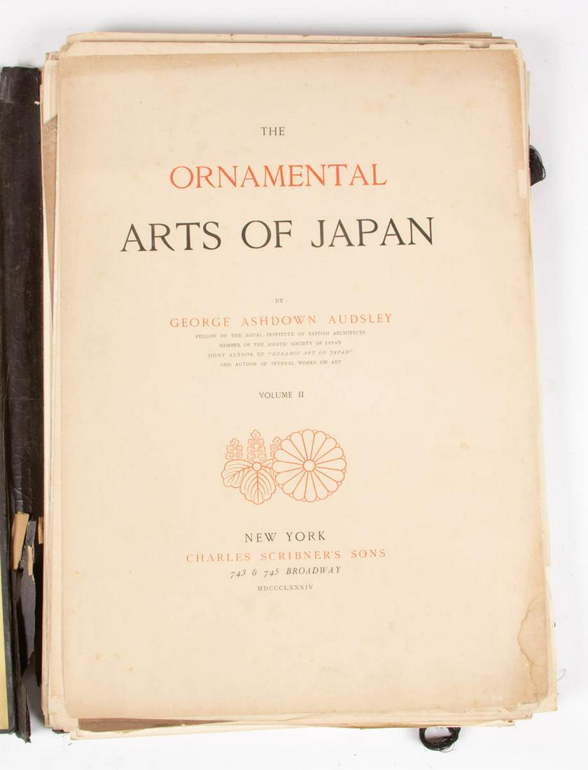 GEORGE ASHDOWN AUDSLEY (SCOTTISH-BORN, 1838-1925): GEORGE ASHDOWN AUDSLEY (SCOTTISH-BORN, 1838-1925) "ORNAMENTAL ARTS OF JAPAN" VOLUME II PORTFOLIO, containing various illustrated lithograph plates with descriptions of Japanese embroidery, textile fab