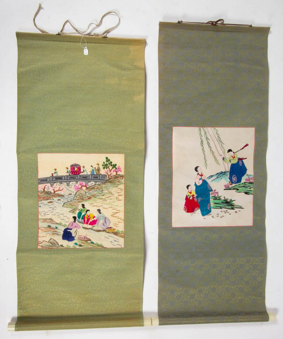 KOREAN SILK-EMBROIDERED HANGING SCROLLS, LOT OF TWO: KOREAN SILK-EMBROIDERED HANGING SCROLLS, LOT OF TWO, silk and paint on silk, comprising one example by Kim Yung Ye (Korean, b. 1956) featuring two girls and a woman in traditional hanbok dress with on