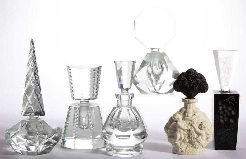 ASSORTED CUT GLASS COLOGNE BOTTLES, LOT OF FIVE Feb 25, 2021