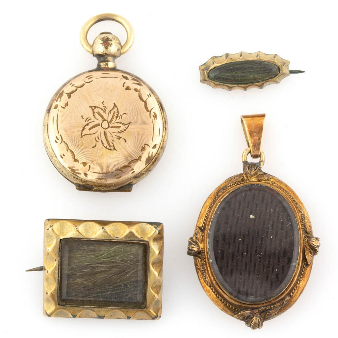 VICTORIAN HAIR-WORK MOURNING GOLD-FILLED JEWELRY, LOT: VICTORIAN HAIR-WORK MOURNING GOLD-FILLED JEWELRY, LOT OF FOUR, comprising a converted pendant with tested 14K gold loop having woven dark brown hair, a locket having engraved decoration to exterior wi