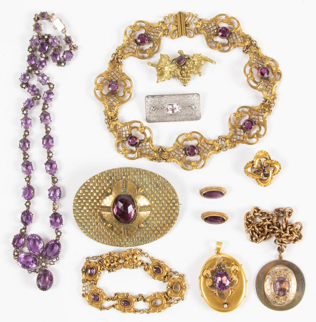 ANTIQUE / VINTAGE AMETHYST OR AMETHYST-TYPE JEWELRY,: ANTIQUE / VINTAGE AMETHYST OR AMETHYST-TYPE JEWELRY, LOT OF 11, including an Edwardian necklace having graduated oval-cut amethyst stones and seed pearls, a sterling silver filigree brooch with center