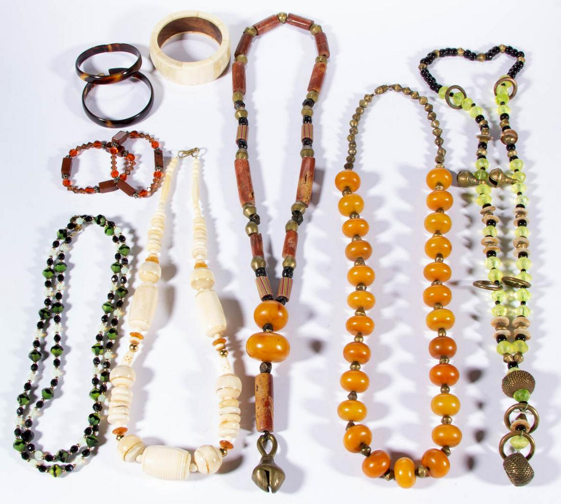 VINTAGE / CONTEMPORARY BEADED AND OTHER JEWELRY, LOT OF: VINTAGE / CONTEMPORARY BEADED AND OTHER JEWELRY, LOT OF TEN, including a beaded necklace having likely butterscotch Bakelite large beads, a necklace featuring large stone beads, two likely large Bakel