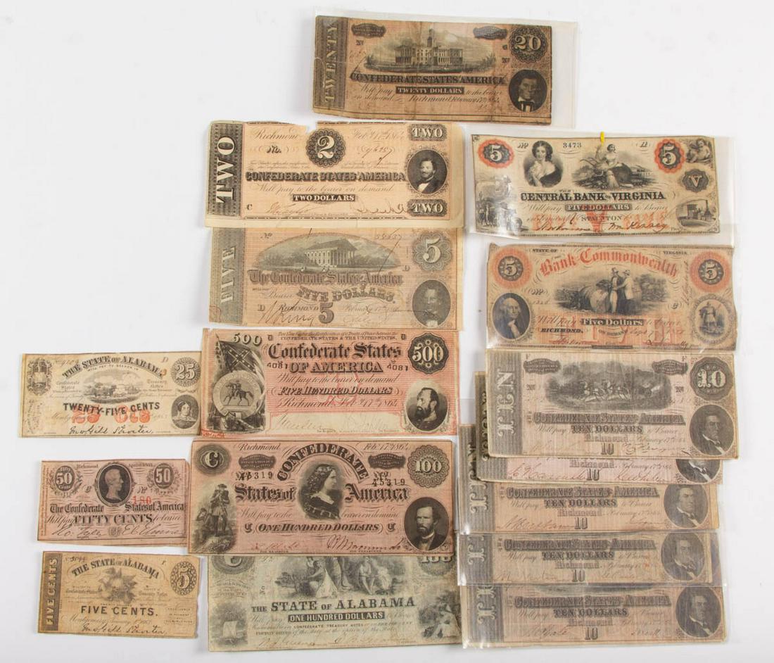 ASSORTED CIVIL WAR OBSOLETE CURRENCY / NOTES, LOT OF 16: ASSORTED CIVIL WAR OBSOLETE CURRENCY / NOTES, LOT OF 16, comprising ten 1864 CSA notes in denominations of $500, $100, $20, $10 (five), $5, and $2; an 1863 CSA 50-cents note; 1863 and 1864 State of Al